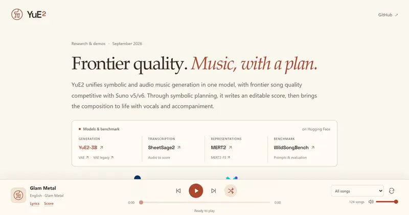 YuE2 데모 사이트. 'Music, with a plan.' 헤드라인, 모델·벤치마크 링크 상자, 하단 오디오 플레이어.