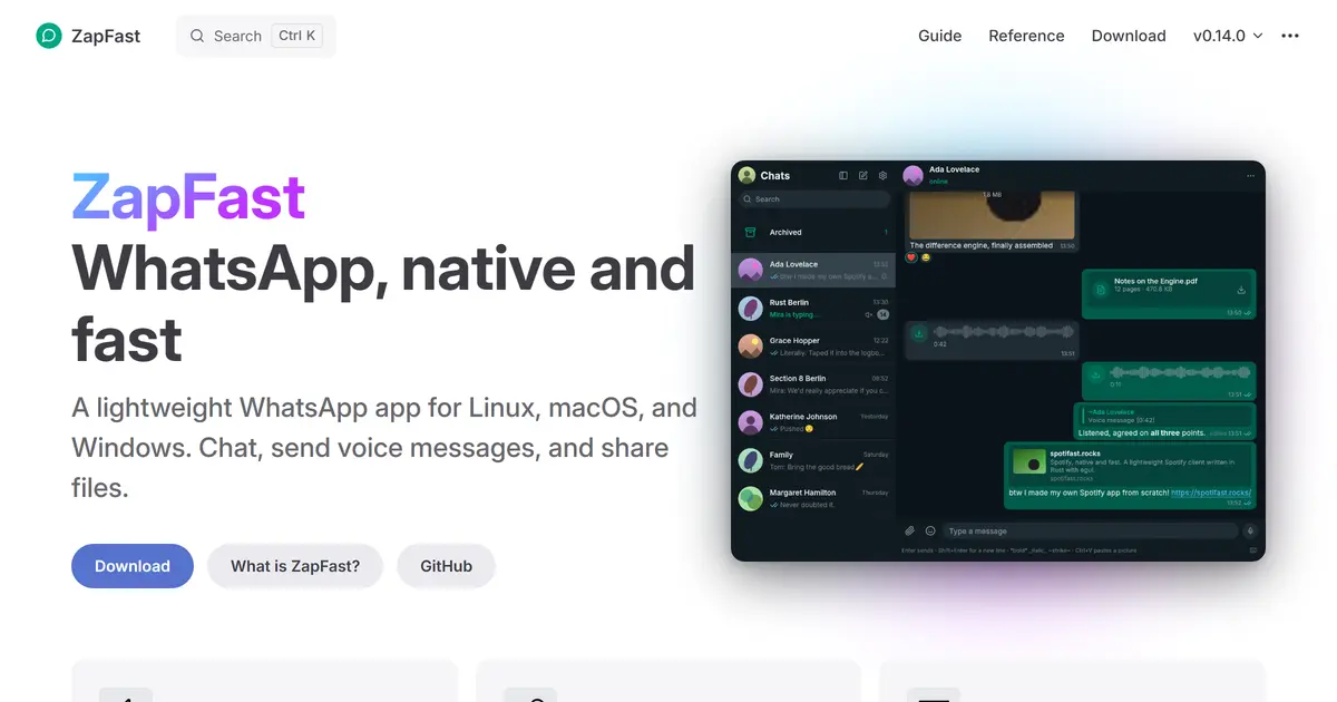 ZapFast 채팅 화면. 사진·문서·음성메시지가 섞인 대화창에 누군가 "btw I made my own Spotify app from scratch!"라며 링크를 보내고 있습니다.