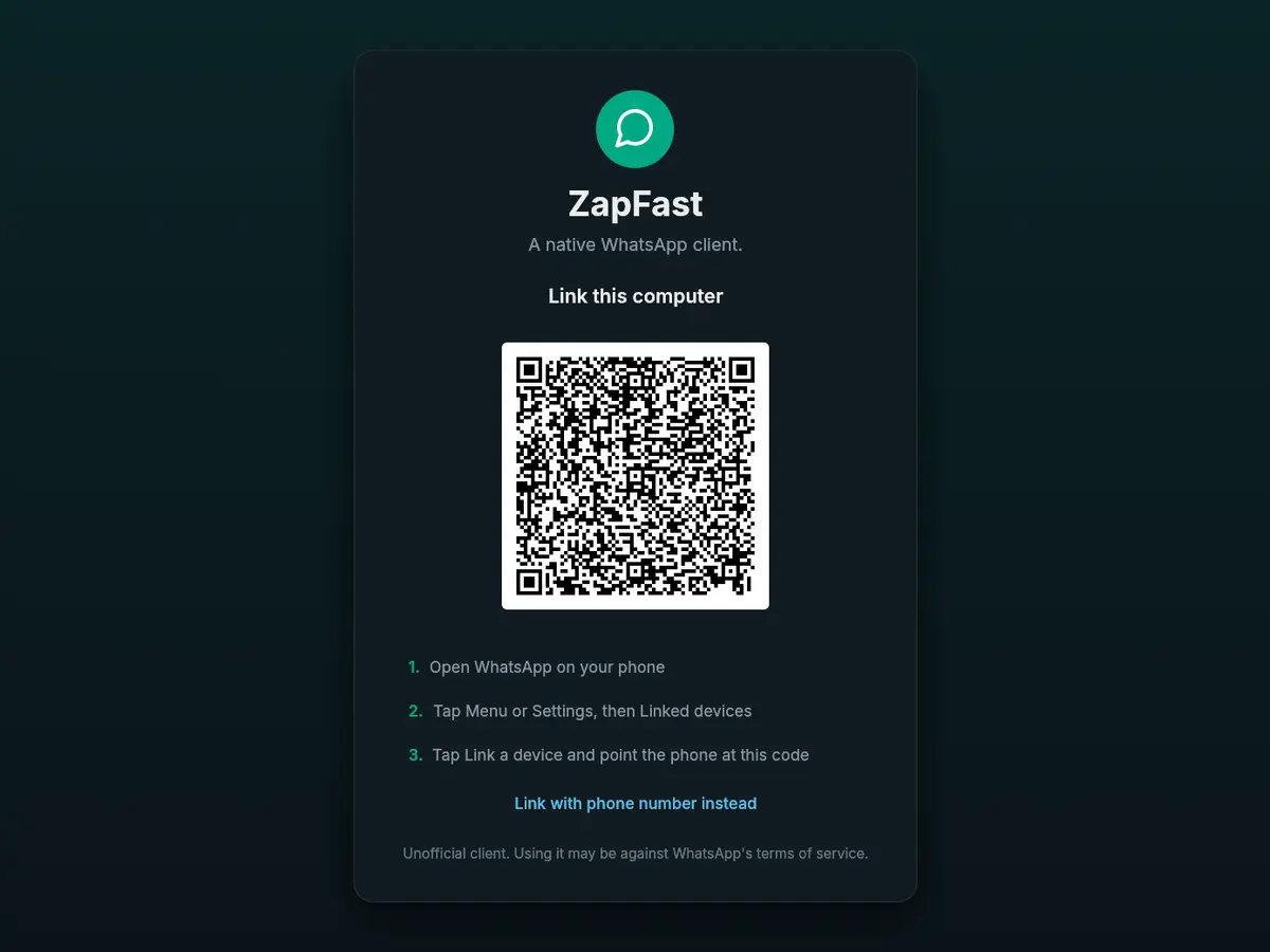 ZapFast 채팅 화면. 사진·문서·음성메시지가 섞인 대화창에 누군가 "btw I made my own Spotify app from scratch!"라며 링크를 보내고 있습니다.