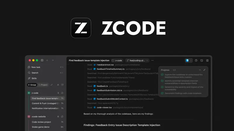 ZCode 로고 카드. 검은 배경에 흰 대문자 ZCODE 글자와 정사각형 로고가 있다.