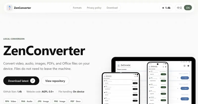 ZenConverter 앱 화면 — 변환 대기열에 파일별 대상 형식과 진행률이 표시된 Material 3 UI